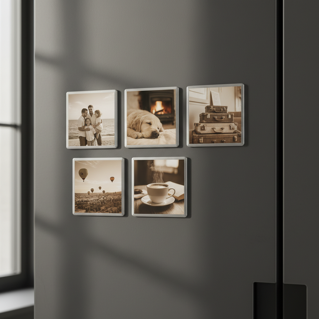 5-Pack custom photo magnets on a dark grey refrigerator