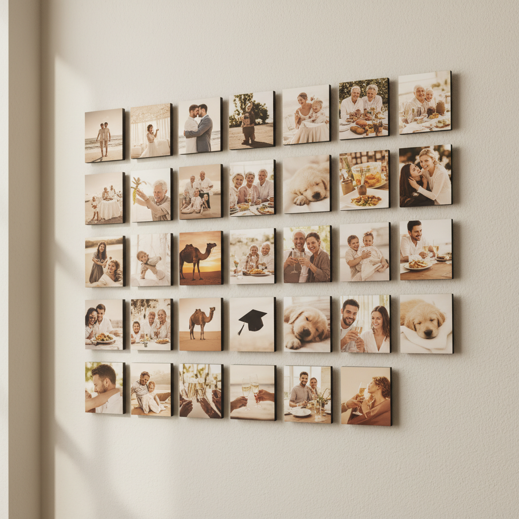 50-Pack custom photo magnets on a white refrigerator
