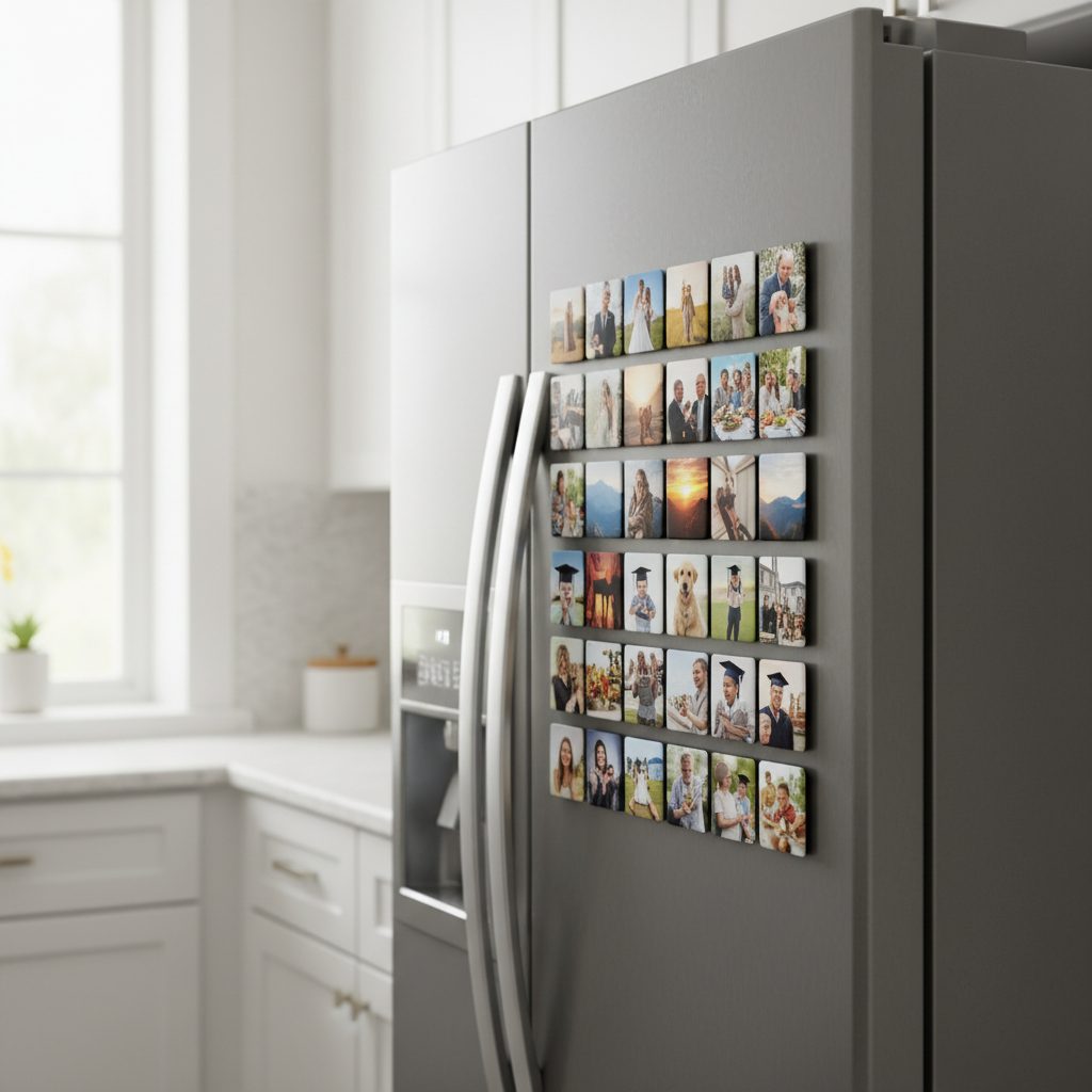 50-Pack custom photo magnets on a dark grey refrigerator