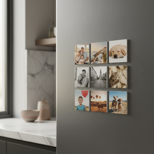 9-Pack custom photo magnets on a dark grey refrigerator