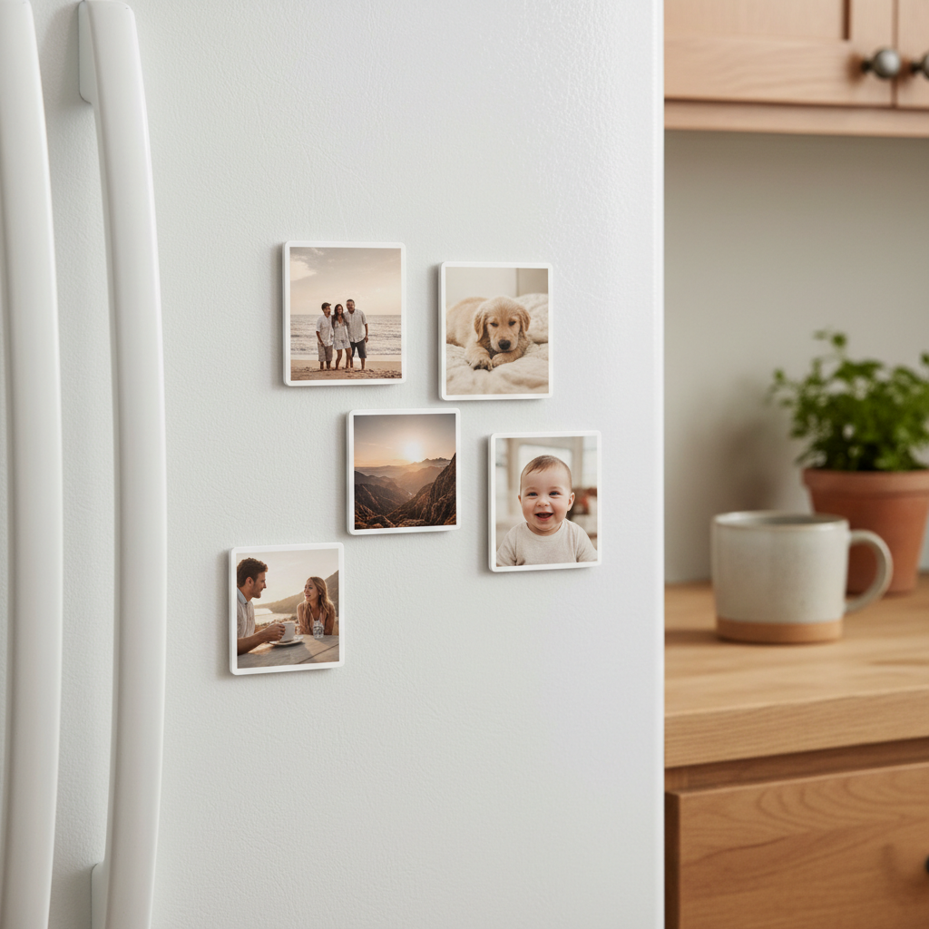 5-Pack custom photo magnets on a white refrigerator