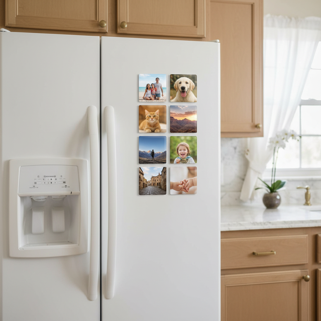9-Pack custom photo magnets on a white refrigerator